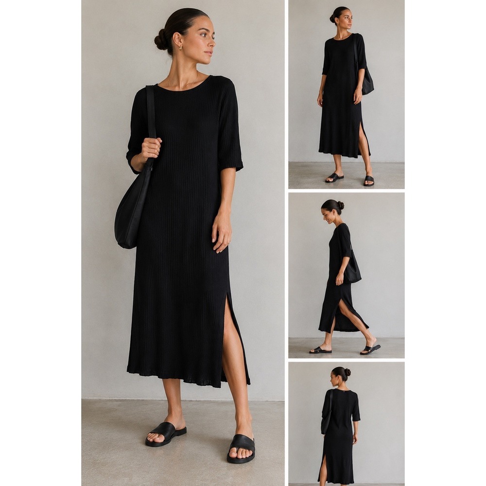 Eileen Fisher Black Ribbed Midi Dress with Side Slit and Elbow Sleeves